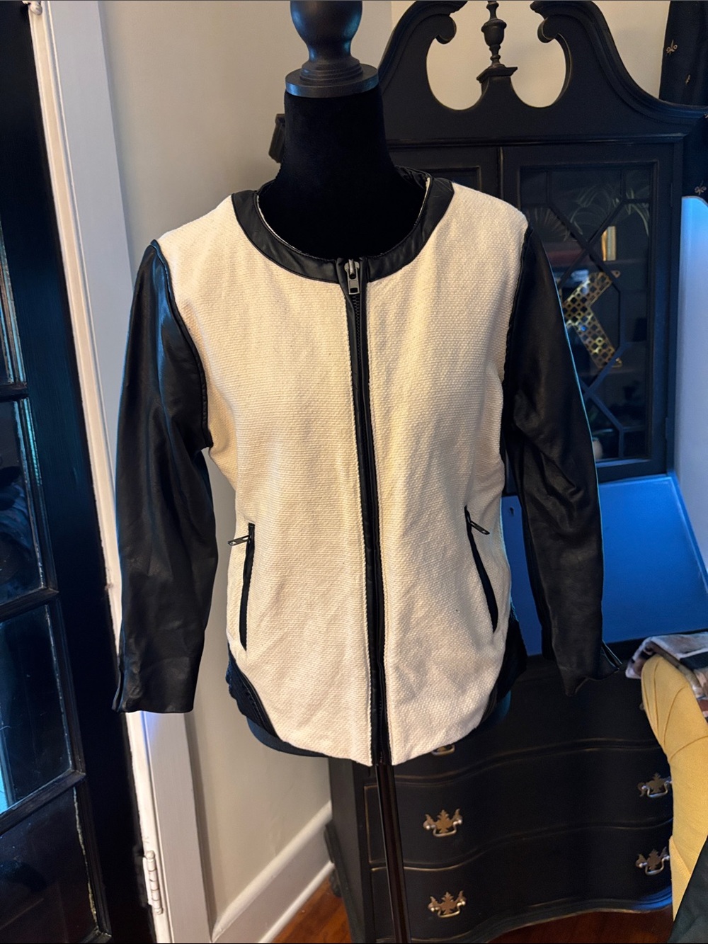 Sanctuary Black & Cream Zip-Front Leather-Trim Jacket